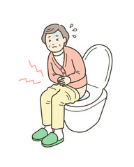 下痢や便秘による腹痛でトイレに篭り苦しむ高齢女性のイラスト