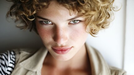 Naklejka premium Close-up portrait of a young woman with curly blonde hair and piercing blue eyes