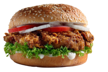 Savory Bite: A delectable, freshly made burger with a crispy chicken fillet, luscious lettuce, ripe tomatoes and fresh onion slices.