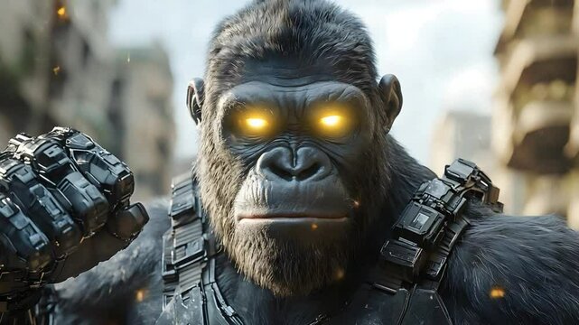 A powerful, high-tech gorilla with glowing eyes, standing with purpose against a futuristic city backdrop. Its robotic enhancements suggest strength and advanced capabilities.