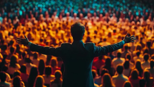 Presenter In Suit With Arms Open Facing Large Audience In Warm Lighting