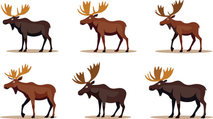 Fototapeta premium A set of cute moose vector clip arts. Friendly, charming designs isolated on transparent background. Perfect for wildlife, nature, kids’ projects, and rustic themes.