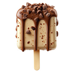 Obraz premium Delicious vanilla ice cream bar with chocolate drizzle and dark chocolate chips