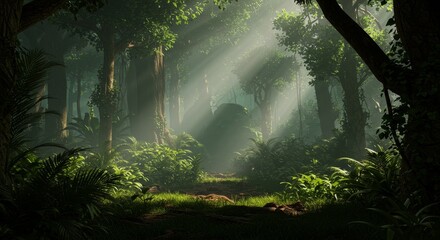 Illustration of Forest Trees Sunlight Nature Path in Green Landscape
