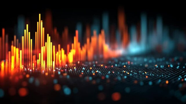 Abstract digital sound wave visualization with vibrant orange and blue colors. The image features a dynamic representation of audio frequencies and data patterns