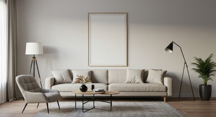 Realistic Interior Mockup Warm Tone Living Room With Modern Furniture