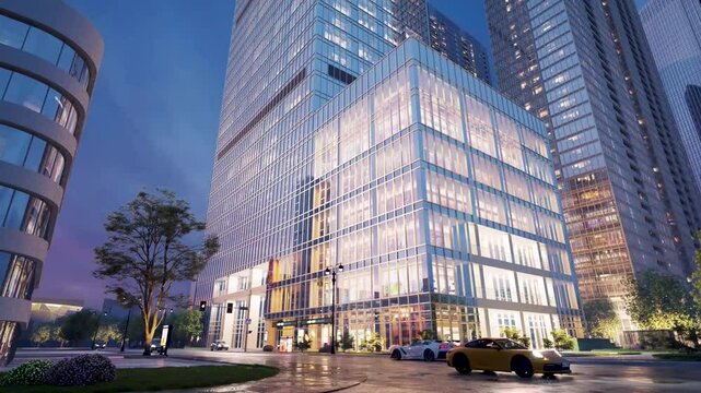 3d modern business office building night scene