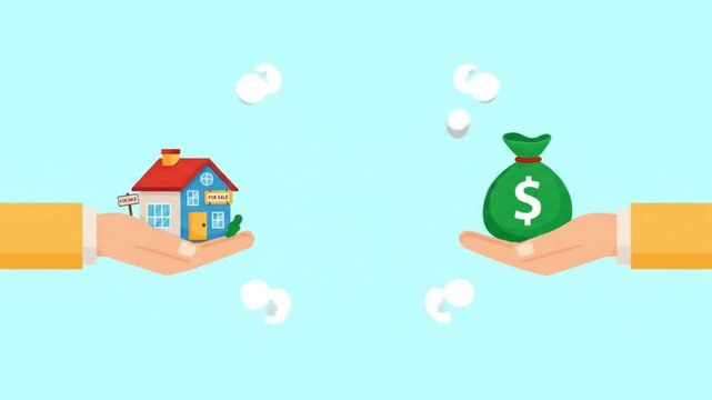 Flat-Style Animated Real Estate Deal &ndash; Hands Exchanging Cartoon House and Money Bag with Smooth Motion, Bounce Effect, and Checkmark Confirmation in Modern Explainer Video Style

