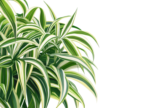 illustration of a spider plant with arching green and white striped leaves on transparent background