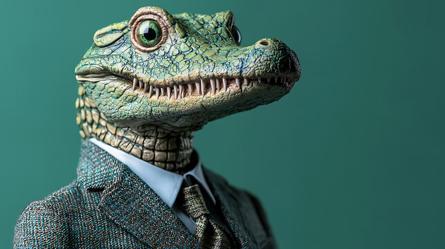 Fashion and business concept, crocodile character in a suit, dynamic atmosphere