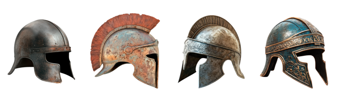 Set of ancient helmet on transparent background, PNG