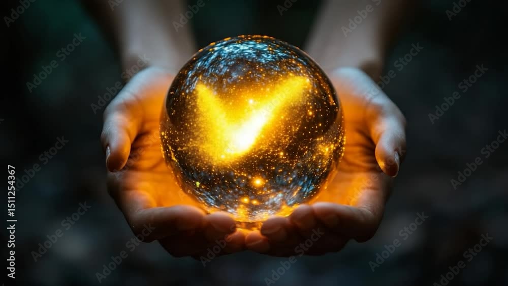 Wall mural glowing sphere held in hands against dark background with illuminated patterns and energy