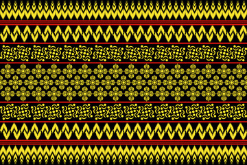 Seamless traditional Thai textile pattern with floral and geometric motifs in yellow, red, and black. Inspired by classical Thai art and cultural fabric designs. Suitable for backgrounds, packaging