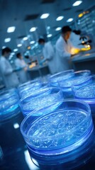 Petri dishes with blue gel in a laboratory setting, scientists working in the background