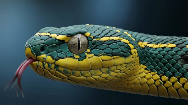 Close Up Of Green And Yellow Snake With Pink Tongue Extended