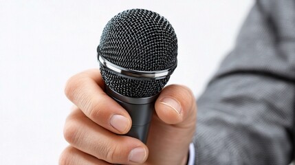 Male Reporter Holding Microphone Isolated on White Background