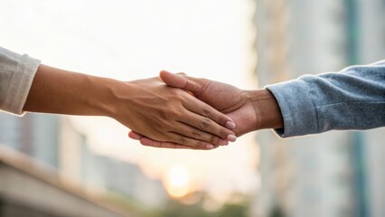Two hands shaking with a sunset backdrop symbolizing agreement and partnership.