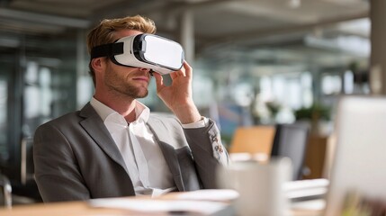 Executive Using Virtual Reality Headset in Modern Office Space