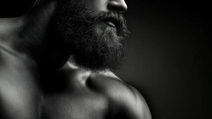 Close up black and white portrait of a man with a full beard, muscular physique, and serious gaze, set against a stark, dark gray background. - Powered by Adobe