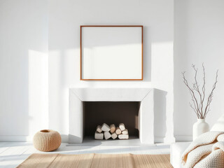 Mockup poster frame above a modern fireplace with a white mantel and logs, set in a bright, minimalist interior design