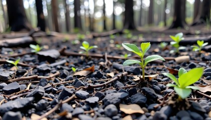 Controlled burn in forest concept. New plants sprouting in a rocky forest floor.