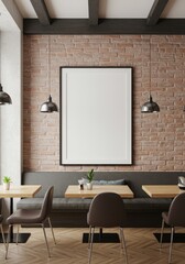 Realistic Interior of Restaurant Mockup with Brick Wall and Wood Table