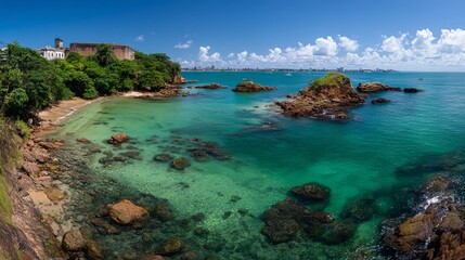 Panoramic view of turquoise sea and lush greenery with two rocky islands in Salvador, Brazil. Serene tropical landscape of hidden coves on Olheiro Island, perfect for adventure and nature exploration.