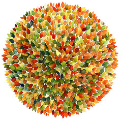 Watercolor Artistic Rendering of a Circular Composition Featuring a Multitude of Autumnal Colored Leaves on White Background