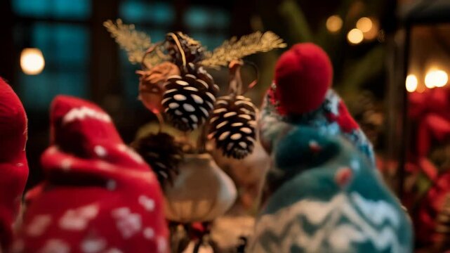 Festive Christmas gnomes in red and blue knitted hats with long beards, holiday home decoration, warm indoor lighting