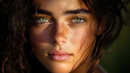 A beautiful woman with green eyes gazing at the camera