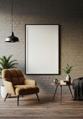 Realistic Interior Room Design with Brown Chair and Blank Frame