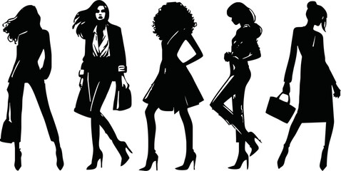 black and white stylish women Silhouette in diverse poses, collection of woman showcasing fashion and elegance on a white background