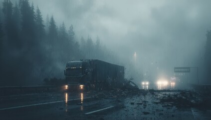 A large truck sits damaged on a rain-slick highway amidst dense fog and debris, with blurry lights visible in the distance