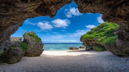 Naklejka premium Stunning view from inside a coastal cave on Miyako Island in Okinawa, Japan, showing turquoise sea, sandy beach, dense green vegetation, sandstone cliffs and open sky with white clouds on a sunny day.