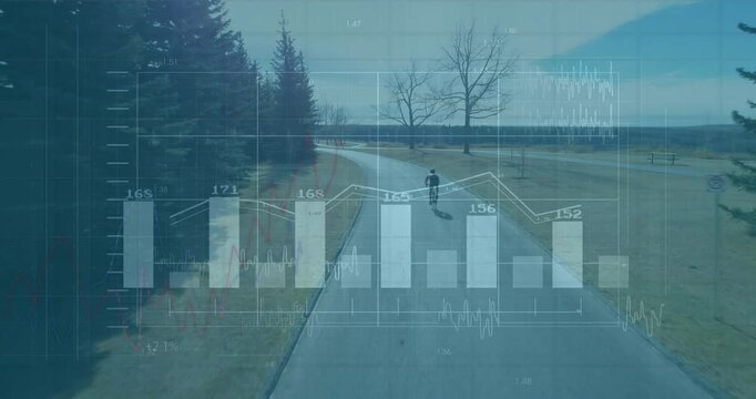 Teen cyclist pedaling into frame on path activating animated fitness data charts monitoring cadence