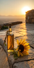 bottle of essential oil with flower