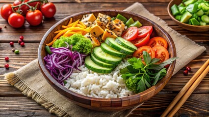 Freshly prepared chicken poke bowl salad with rice and various vegetables on a wooden table, rice, vegetables,  rice