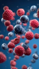 Dynamic Suspension of Raspberries and Blueberries Against a Deep Blue Background