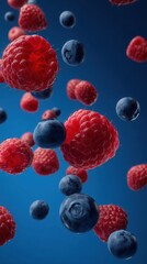 Raspberries and Blueberries Floating Against a Deep Blue Background