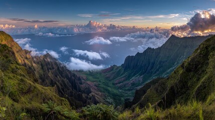 Fototapeta premium Breathtaking panoramic sunset view of lush green mountains in Poipu, Kauai, Hawaii, with misty ocean horizon, rugged terrain, blue sky, peaceful tropical atmosphere evoking tranquility natural beauty
