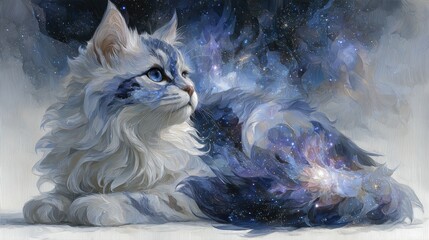 A fluffy cat with a cosmic tail, blending into a starry night sky