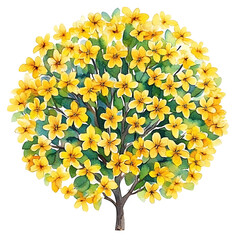 Watercolor Illustration Of A Yellow Flowering Tree With Green Leaves Isolated On White Background