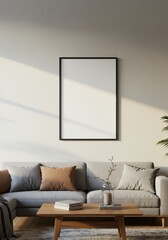 Realistic Interior Room with Poster Mockup Frame and Cozy Couch