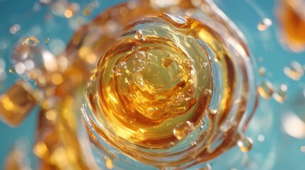 Golden liquid swirling in a glass, viewed from above with a vibrant blue background