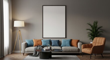 Realistic Interior Room with Sofa Cushions Art and Pot Plant