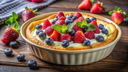 Creamy cottage cheese topped with a mixture of fresh berries and sour cream, baked until golden brown and served warm, cottage cheese casserole, dessert