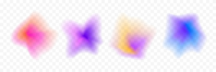 Fototapeta na wymiar Abstract blurry gradient splash shape set. Amorphous colored liquid blob gradation collection. Y2K blur smooth aura pack. Bright iridescent drop bundle for collage, badge, sticker, label. Vector