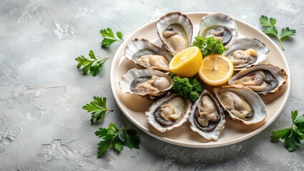 Oysters on a plate with a wedge of lemon and a sprig of parsley, set against a neutral colored background