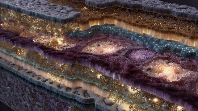 Microscopic view of an organ on a chip reveals layered cells, biomaterials, and crystallization patterns, indicating areas of thermal influence within the complex structure