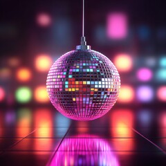 Obraz premium Reflective disco ball hanging in a dimly lit club. Shiny party decoration for retro celebration. Colorful lights on dark background.